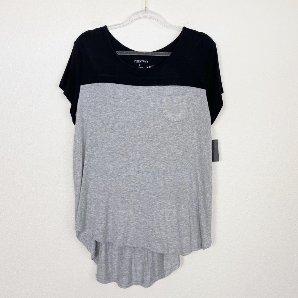 Ellen Tracy Large Gray Black Hi Lo Pocket Tee